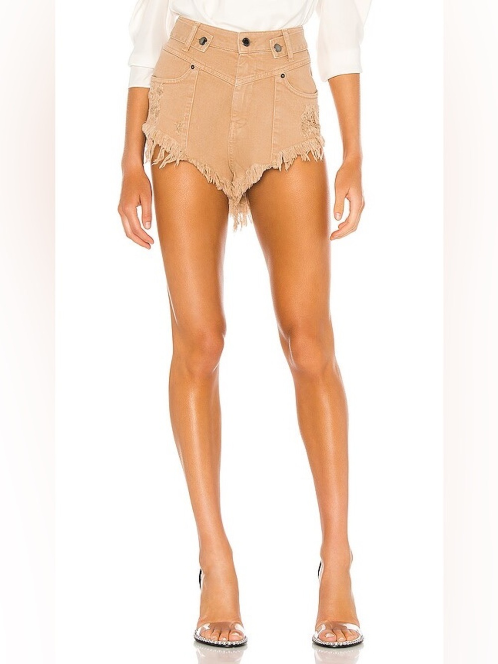 Retrofete Tessa High-Waisted Distressed Cutoff Denim Shorts Camel Sz 30